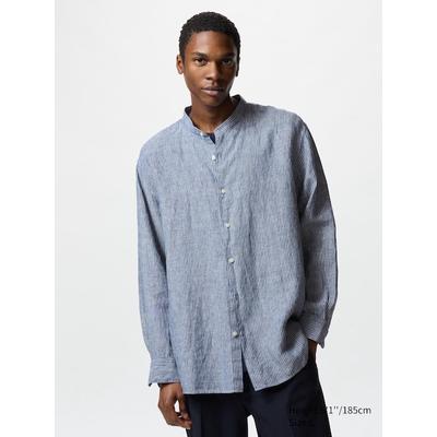 Uniqlo - 100% Premium Linen Shirt (stand Collar, Stripe) - Blue - XL