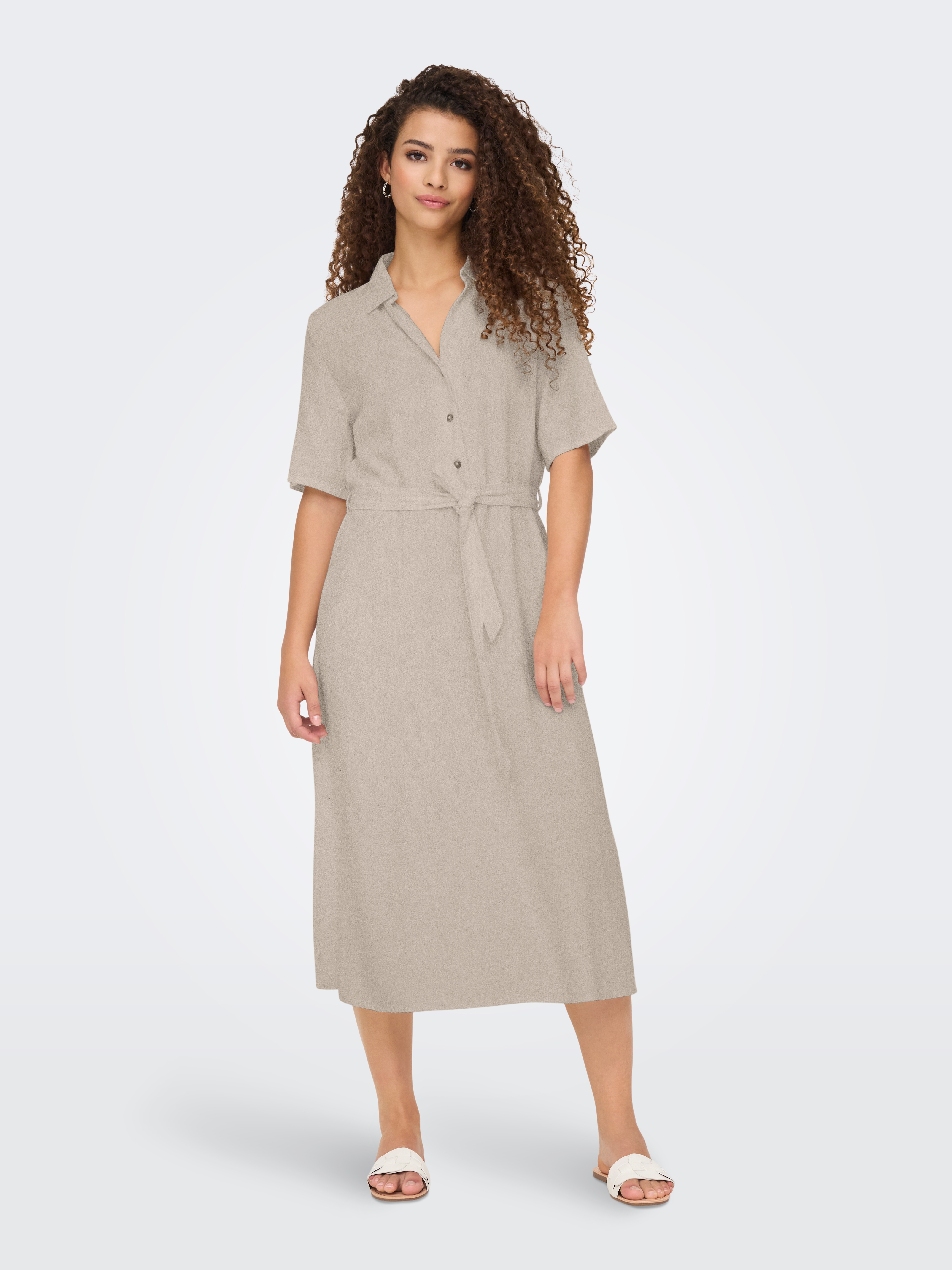 Blusenkleid JDY "JDYSAY 2/4 MIDI SHIRT DRESS WVN NOOS", Damen, Gr. S, N-Gr, beige (oatmeal detail:melange), Web, Obermaterial: 55% Leinen, 45% Viskose, meliert, Kleider, Sommerkleid Image