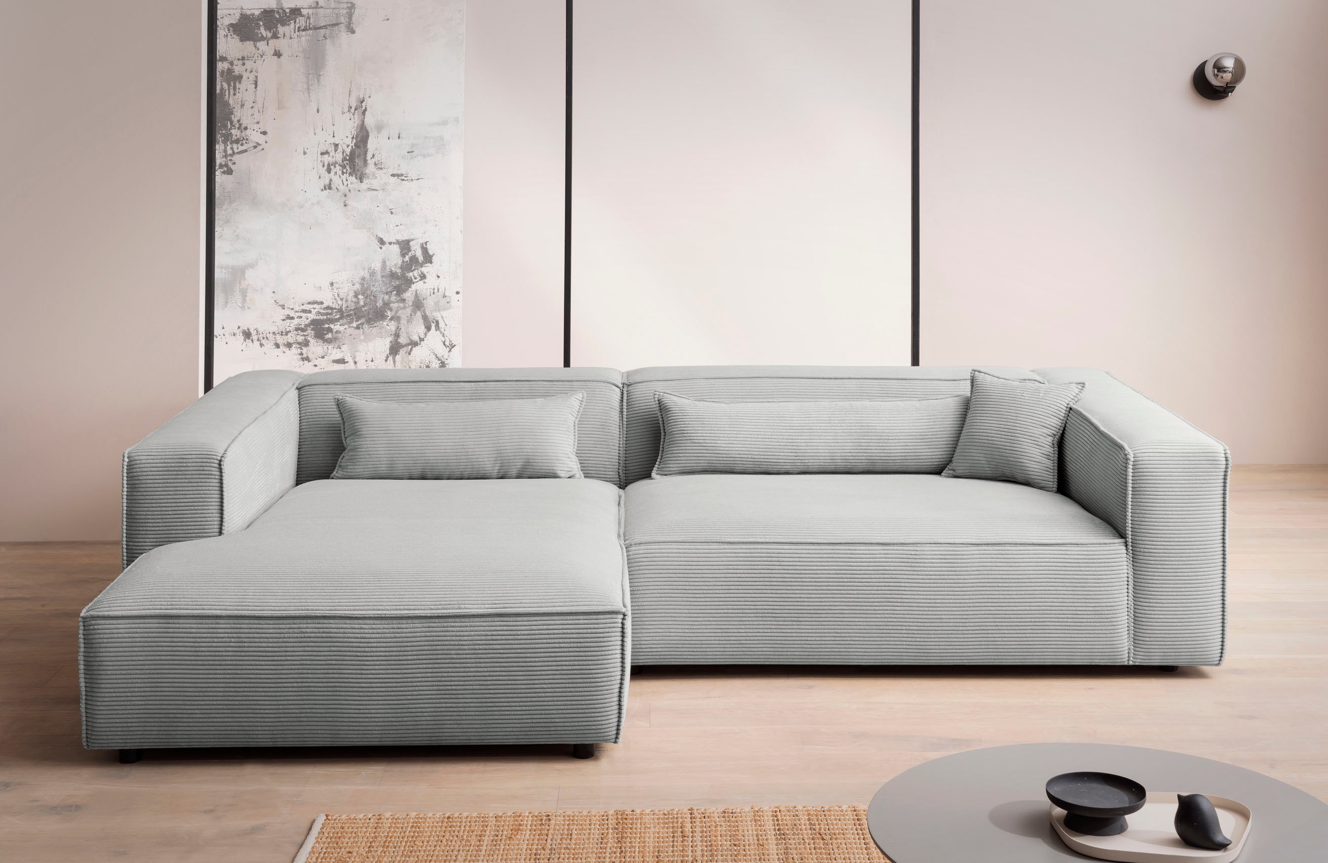 Ecksofa "PIARA XXL, Big-Sofa, Cord, Leinenoptik o. Strukturstoff, L-Form", grau (hellgrau), B:288cm H:66cm T:198cm, 100% Polyester, LEGER HOME BY LENA GERCKE, Sofas, Ecksofa, wahlweise Ottomane rechts/links, Kedernaht, extra tiefe Sitzfläche