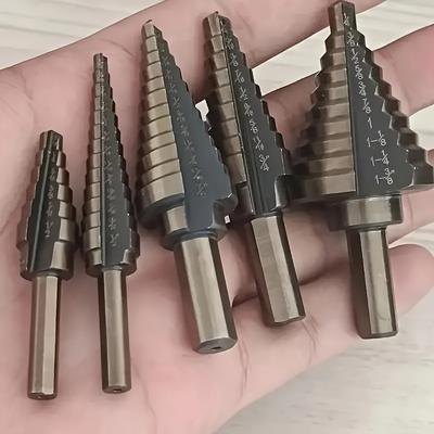TEMU 5pcs Hss Cobalt Step Drill Bit Set, Steel, With Aluminum Case, For Metal & Wood Drilling Image