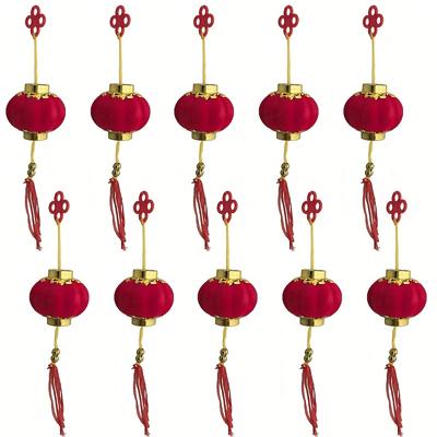 TEMU 10pcs Mini Red Chinese Lanterns With Tassels - Classic Flocked Design For Weddings, New Year & Festive Home Decor - Easy-to-hang, Battery-free Plastic Ornaments, Lanterns Decoration Image