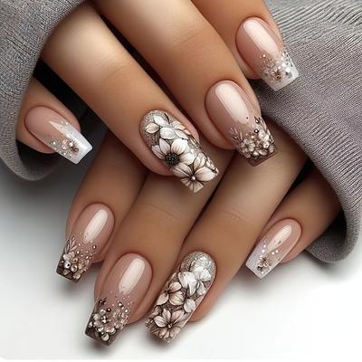 TEMU 24pcs Long Coffin Press On Nails Pink And Blue French Style False Nails With Flower And Patternrhinestone Reusable Fake Nails For Women And Girls Image