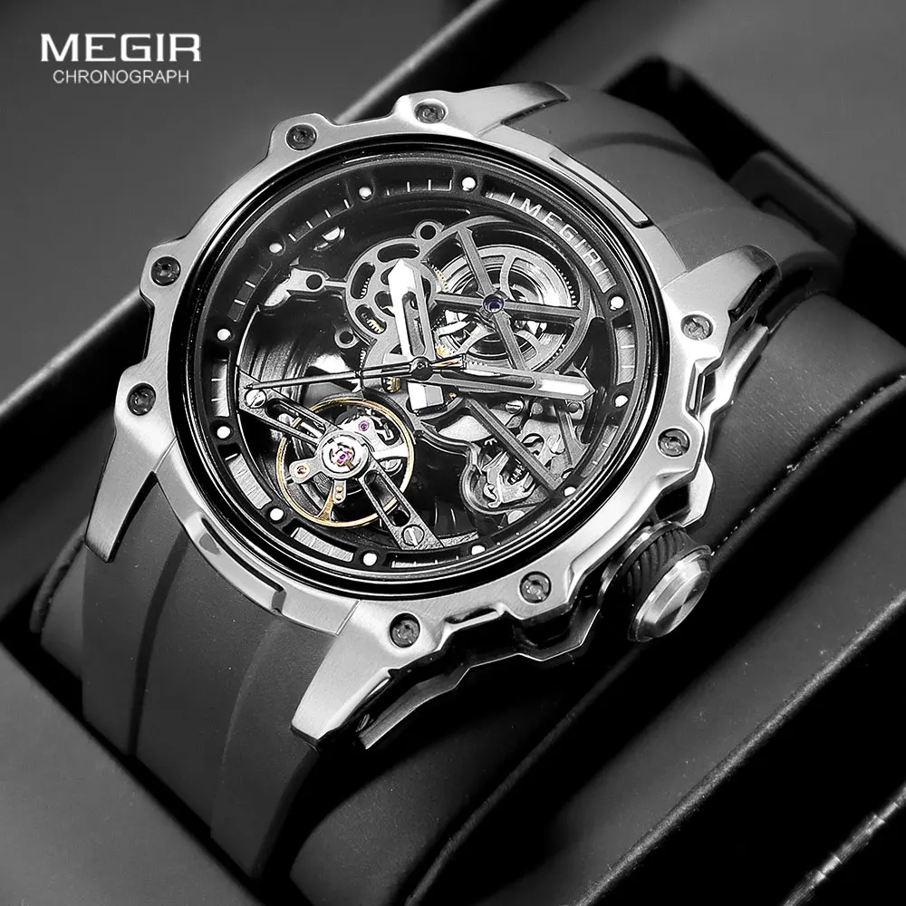 MEGIR Skelett-Zifferblatt Automatische mechanische Uhren für Herren, modisches Edelstahlgehäuse, Silikonarmband, leuchtende Armbanduhr 2243 Image