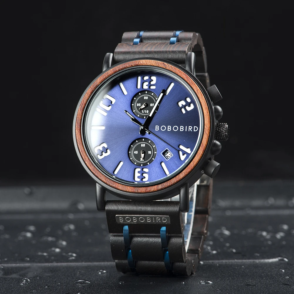 Bobo Vogel maßge schneiderte Männer Uhr Luxus Holz Armbanduhren leuchtenden Zeiger Chronograph Reloj Hombre Geburtstags geschenk Drops hipping Image