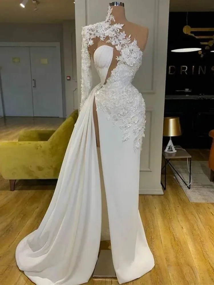 Sexy Side Split Meerjungfrau Brautkleider für die Braut Hoher Kragen One Long Sleeves Applikationen Spitze Brautkleider Vestido De Novia Image