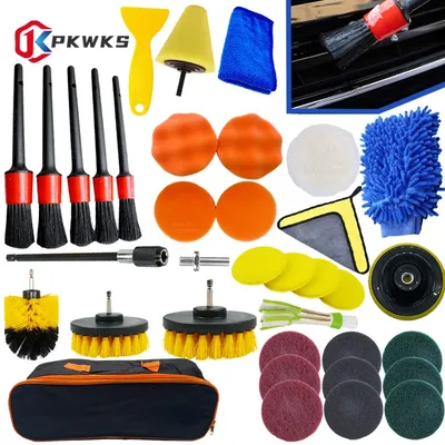 PKWKS New Car Cleaning Kit Scrubber Drill Detailing Brush Set Air Conditioner Vents Towel Polisher