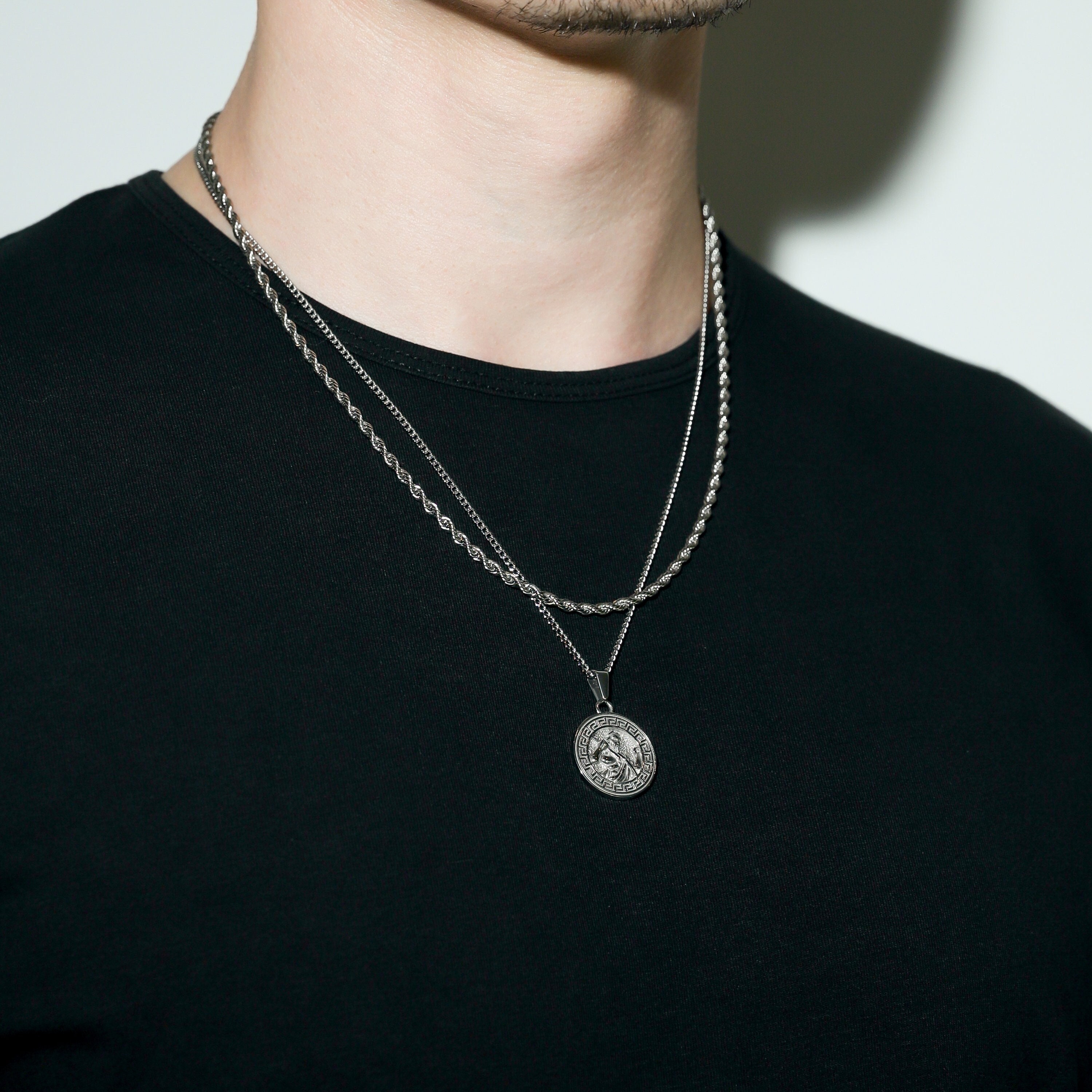 Set di collana da uomo - Collana con ciondolo Zeus in argento, ciondolo Zeus da uomo, medaglia greca vintage, regalo per uomo, regalo per papà