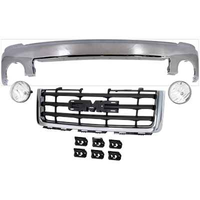 2007 GMC Sierra 1500 4-Piece Kit Front Bumper, New Body Style, For Models Without Towing Package, Chrome, Includes (1) Bumper, (2) Fog Light, and (1) Grille Assembly