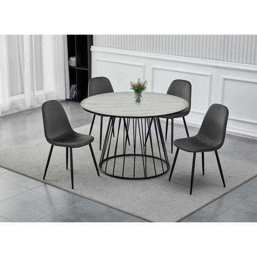 Stella - Table à manger ronde effet marbre blanc pied en métal noir stella