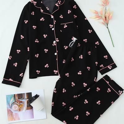 TEMU Cozy Cherry Print Teen Pajama Set - Long Sleeve Button-up Top & Shorts, Soft Polyester Blend, Machine Washable Image