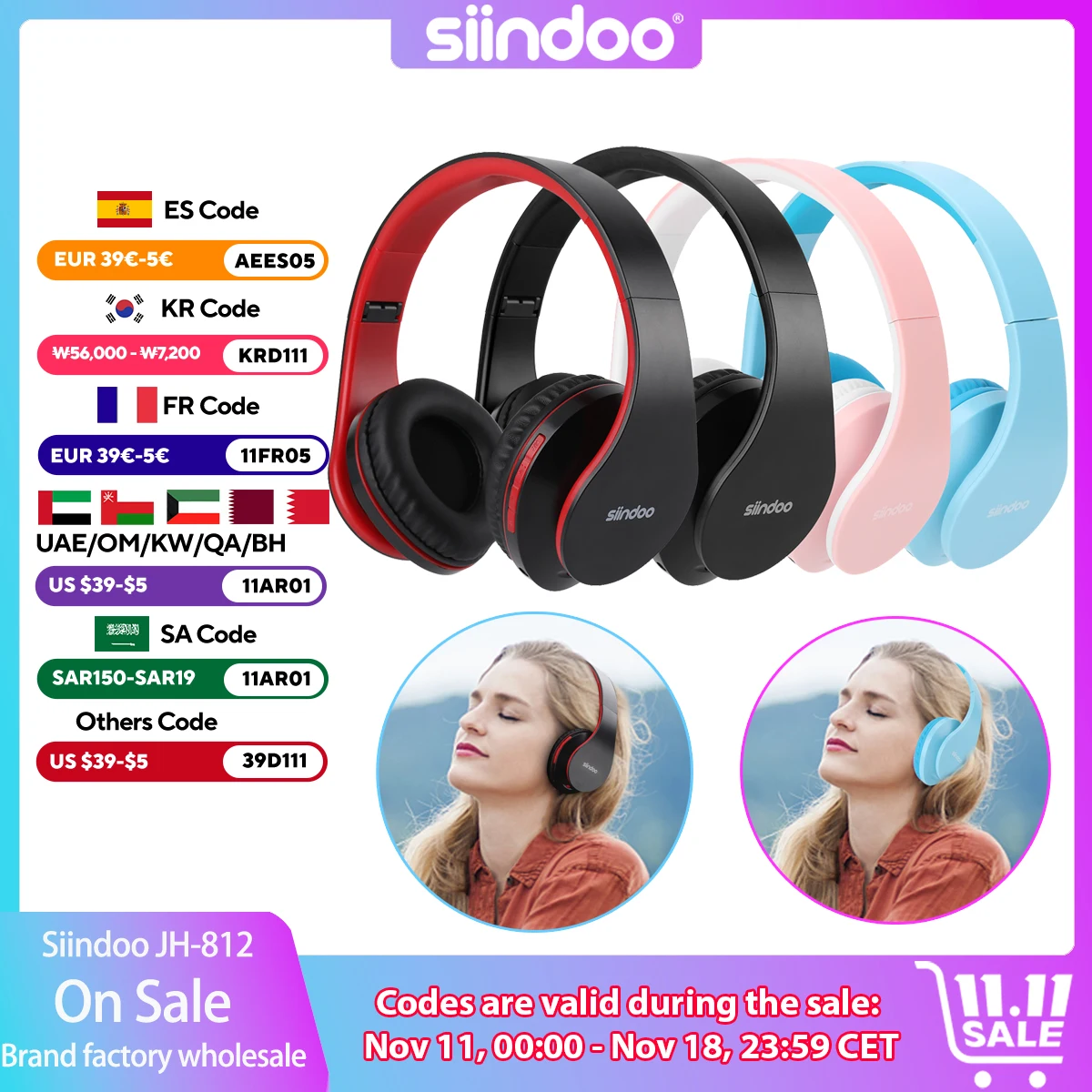 Siindoo JH-812 Cuffia wireless Auricolari stereo pieghevoli BT5.1 Cuffie musicali FM e supporto scheda SD con microfono per PC mobile TV