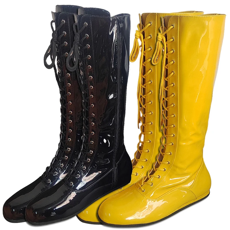 Hulk Hogan Stiefel Gelb Pro Wrestling Schnürstiefel Motorradstiefel Schwarz Kostüm Herren Wrestling Schuhe Cowboystiefel Cosplay Image