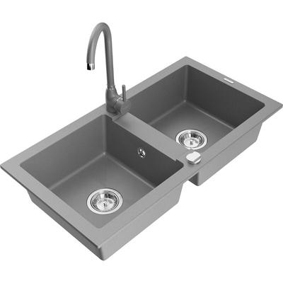Mexen Mario 2-Becken-Granitspüle mit Mischbatterie Telma, Grau - 6504-71-670200-71 Image