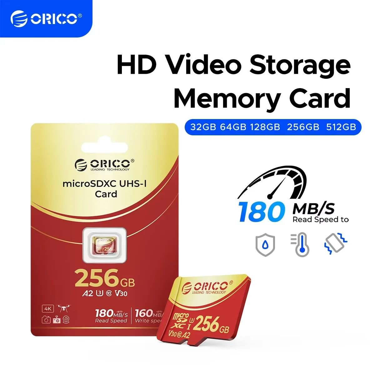 ORICO 256 GB Micro SD microSDXC R/W Bis zu 180 MB/s Full HD und 4K UHD C10, U3, V30, 4K, A2 für Kamera-Drohnen-Dashcam Image