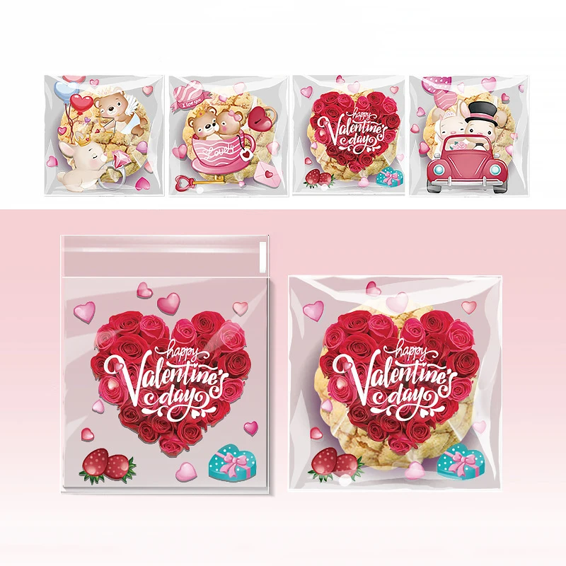 50/100 Stück Set Valentinstags-Geschenktüten, Herz-Ballon- und Teddybär-Design, Papiertüten für Süßigkeiten, Lebensmittelverpackungen Image