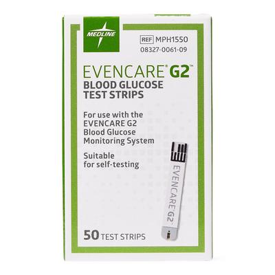Glucose Test Strips for EvenCare G2 Meters MPH1540, MPH1545, and MPH1540NV, 600/CS (MPH1550) Case of 600 Medline