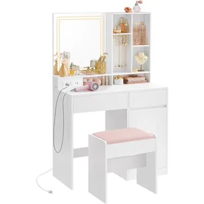 Vanity Desk with Mirror and Lights, Power Outlets, Vanity Table Set with Stool, Drawers