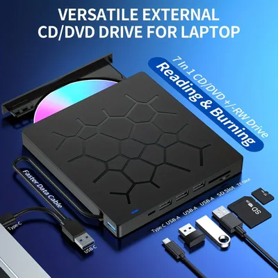 External Drive 7 IN 1 USB 3.0 Portable DVD Player,External Disk Drive Optical Compatible With Laptop