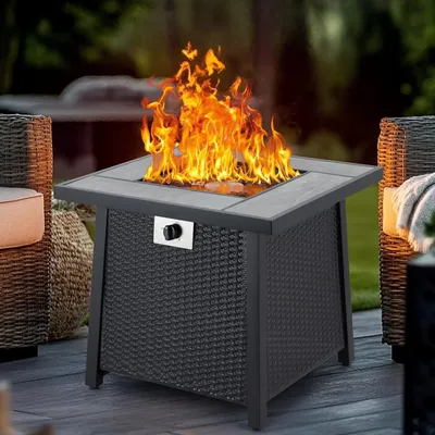 28 Inch Outdoor Fire Pit Table 50000 BTU Propane Fire Pits with Rain Cover Glass Stones Lid Wicker