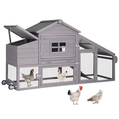 Movable Chicken Coop with Wheels, Large Poultry Cage for Outdoor, Wood Hen House with Nesting Box