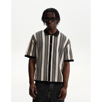 Bershka Striped Textured Short Sleeve Shirt Men S White / Black