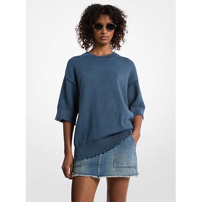 Michael Kors Distressed Garment-Dyed Cotton and Cashmere Blend Sweater Blue L-XL