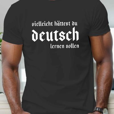 TEMU Men's ' You Learn German' Short Sleeve T-shirt - Summer Casual Round Neck Top, Geometric Pattern, Polyester Image