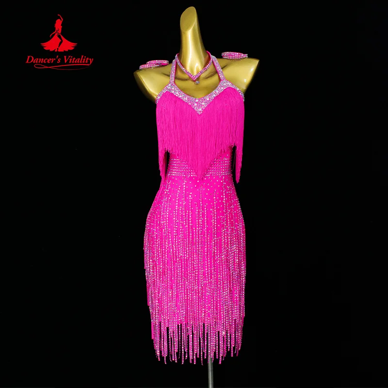 Latin Dance Quaste Kleid Frauen Angepasst Tango Rumba Samba Leistung Kostüm Mädchen Luxus Voller Diamanten Wettbewerb Kleider Image