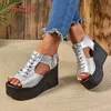 Aphixta Silber Peep Toe Keil absatz Sandalen Reiß verschluss Design Plattform Sandalen Frauen lässig Mesh Obermaterial atmungsaktive Schuhe plus Größe 43