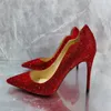 Rote Strass-Pumps, Stiletto-High-Heels, einzelne Schuhe für Damen, goldene Volldiamanten, flache Schuhe für Damen, Markendesign, große Größe 43