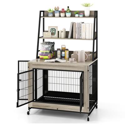 Costway Industrial Dog Kennel Dog Crate Furniture with Storage Shelves-Gray
