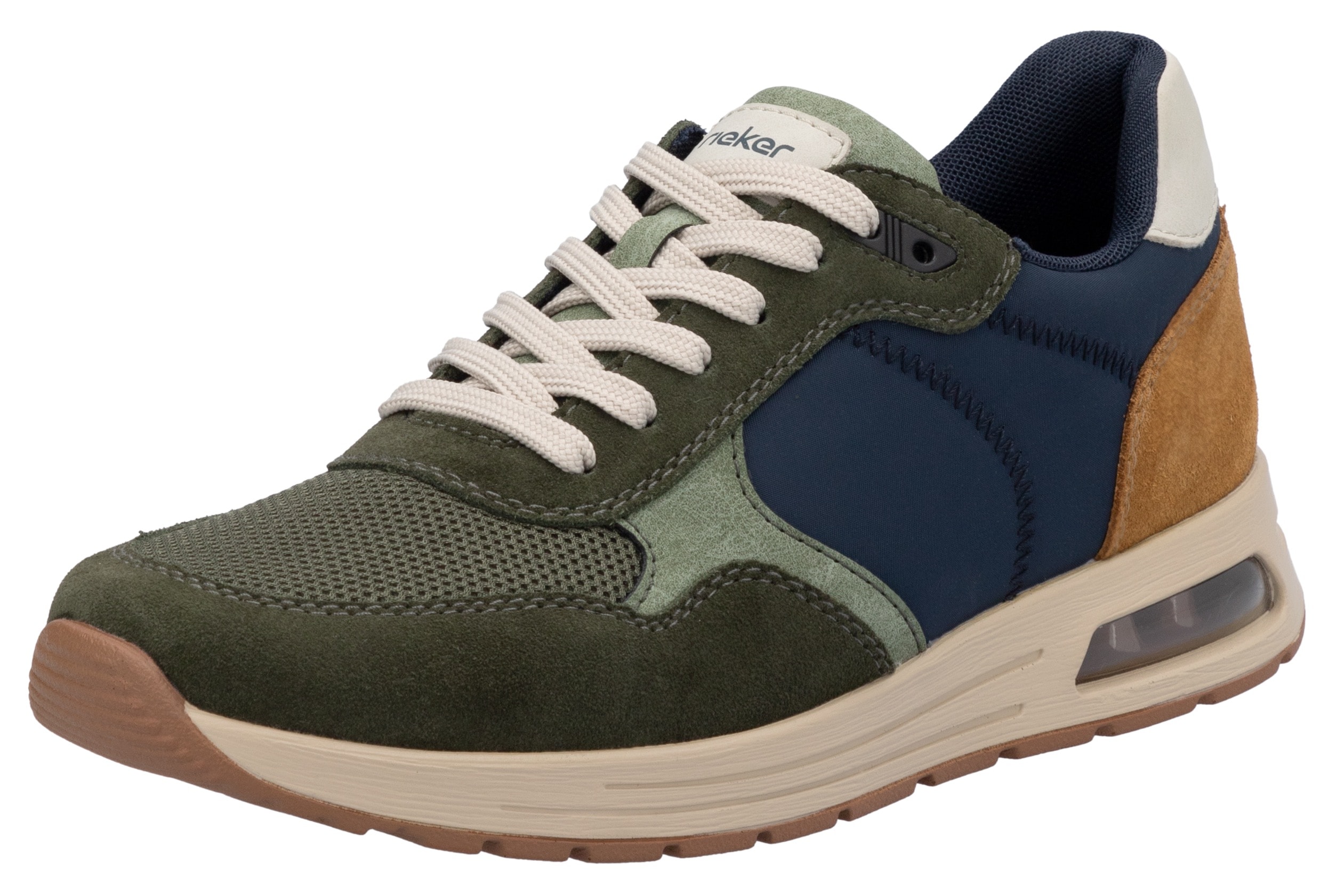 Sneaker RIEKER, Herren, Gr. 45, grün (khaki kombiniert), Lederimitat, Textil, Veloursleder, Schuhe Sneaker, Schnürschuh, Halbschuh, Freizeitschuh mit gepolstertem Schaftrand