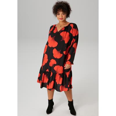Sommerkleid ANISTON PLUS, Damen, Gr. 44, N-Gr, schwarz (schwarz, rot), Web, Obermaterial: 100% Viskose, bedruckt, geblümt, gemustert, casual, lässig geschnitten knieumspielend, V-Ausschnitt, Langarm mit Gummizug, Kleider, Mit großflächigem Blütendruck Image