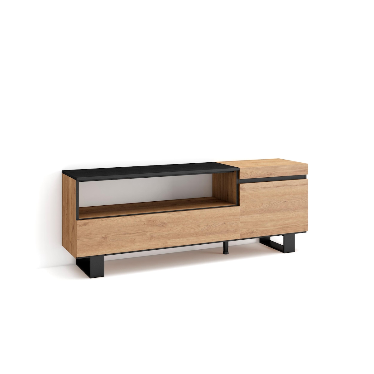 SKRAUT HOME Wohnzimmer-TV-Schrank, Viel Stauraum, 150x35x57cm, Für TV-Geräte bis 65“, Industriedesign, Moderner Stil, Eiche und Schwarz - 53_2 Image
