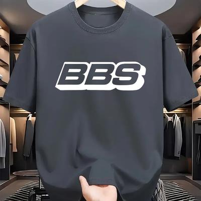 TEMU Bbs Letter Neck T-shirt For Men - 100% Polyester Knit Fabric, Regular Fit, , For Sports And Outdoor, Short Sleeve Summer Tee With Stretch - Daily & Weekend Casual Wear Image