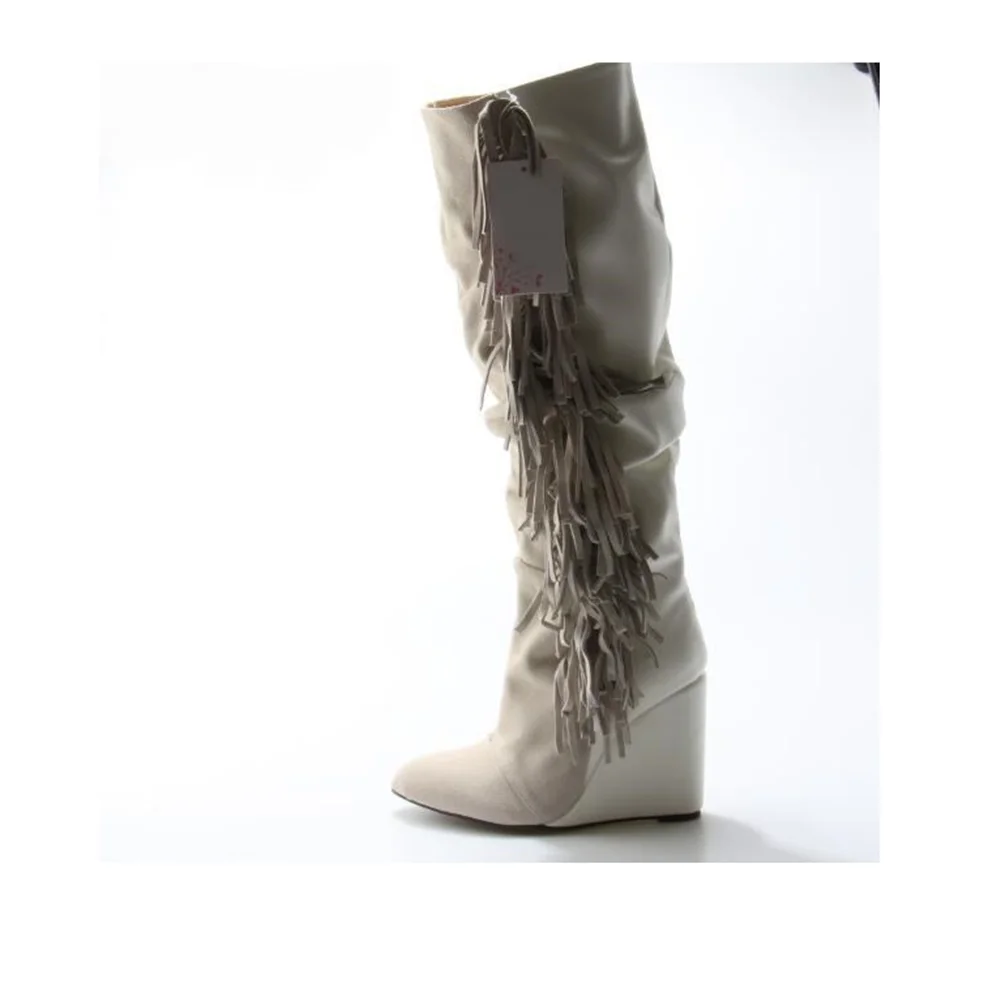 Frauen Schuhe Weiß Leder Quaste Kniehohe Stiefel Frauen Runde Kappe Fringe Keil Stiefel Winter Kleid Schuhe Hohe Qualität Echt foto