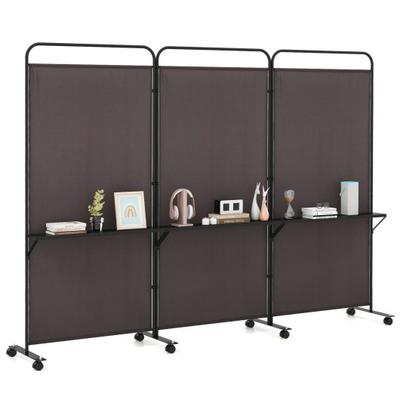 Costway 3-Panel Folding Room Divider with 3 Metal Shelves and Lockable Wheels-Brown