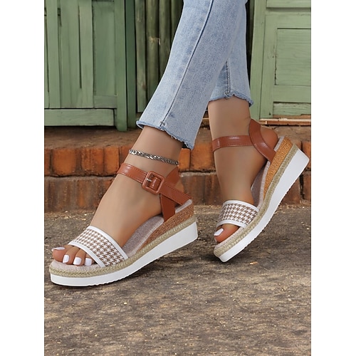 Damen Espadrille-Keilsandalen mit Hahnentrittmuster und Fesselriemchen – lässige Sommer-Plateau-Sandalen für den Urlaub und den Alltag Image