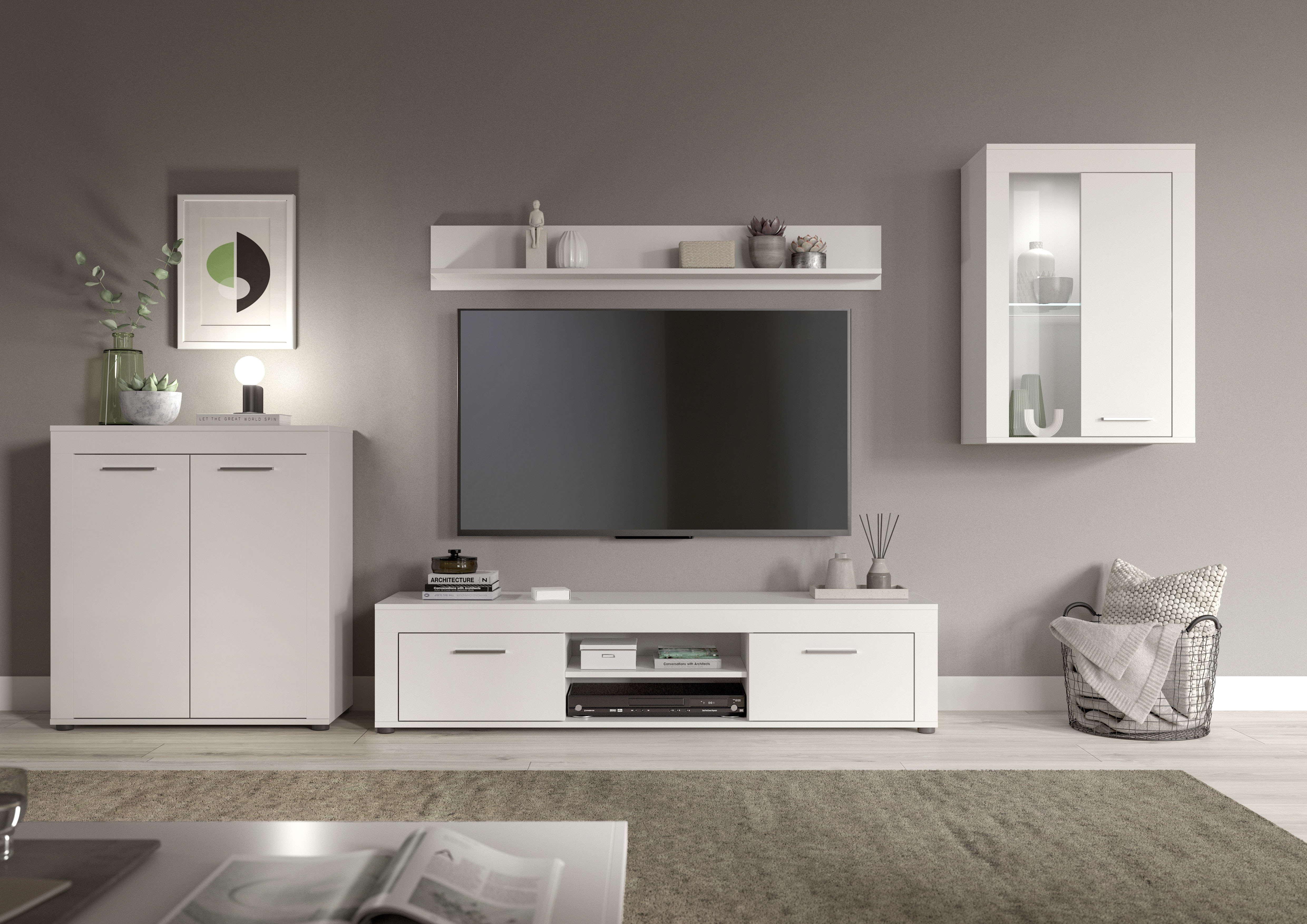 Wohnwand INOSIGN "Aosta, 4-tlg., best. aus: Highboard, Lowboard, Wandboard & Vitrine", weiß (weiß, weiß), B:330cm H:169cm T:40cm, Holzwerkstoff, Kastenmöbel-Sets, Wohnwand, Kombination, Anbauwand, Möbel Set, Schrankwand, Möbel Kombi