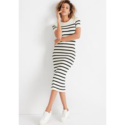 Strickkleid HECHTER PARIS, Damen, Gr. 46, N-Gr, schwarz (sanftes weiß, schwarz, gestreift), Feinstrick, Obermaterial: 70% Viskose, 30% Polyamid, gestreift, geringelt, feminin, figurbetont wadenlang, Rundhals, Kurzarm, Kleider, mit Streifen Image