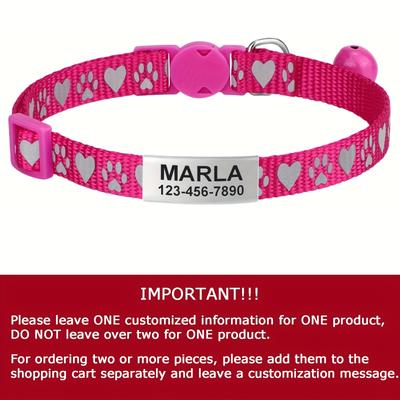 TEMU Runtoo Reflective Heart Pattern Cat Collar , Polyamide Material, Adjustable, With Detachable Seat Belt And Name Tag, For Pet Safety And Identification Image