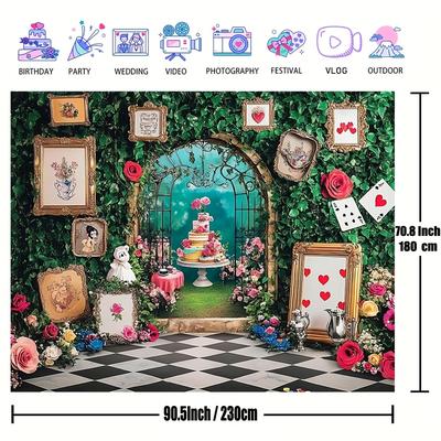 TEMU 1pc Themed Photography Backdrop, Polyester Fiber, Garden With Checkerboard Floor & Greenery, Ideal For Birthday, Princess & Events Decor Image