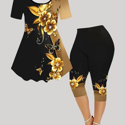 TEMU Women's Floral Print Fashion Outfit - Casual Short Sleeve Top & Capri Pants Set, Stretchy Polyester , Machine Washable Image