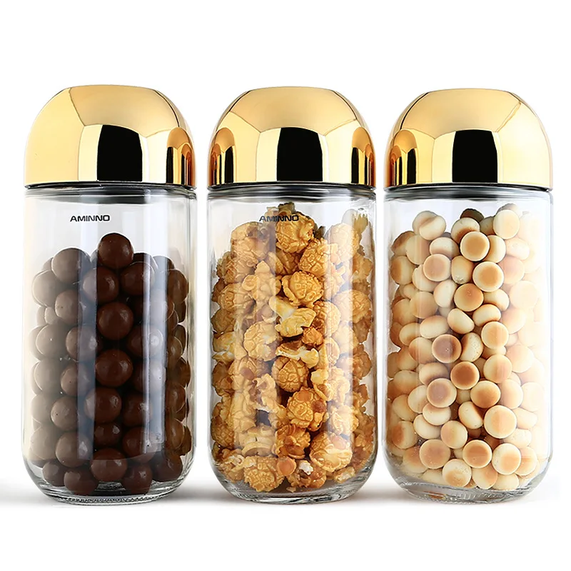 Vaso di vetro trasparente placcato in oro con coperchio contenitore per alimenti sigillato contenitore per caramelle barattolo per alimenti chicco di caffè tè può arredamento cucina