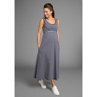 Umstandskleid NEUN MONATE "Langes Schwangerschaftskleid", Damen, Gr. 44, N-Gr, blau (blau geringelt), Single Jersey, Obermaterial: 95% Baumwolle, 5% Elasthan, geringelt, modisch, Rundhals, ohne Ärmel, Kleider, Jersey-Kleid für Schwangerschaft und... Image
