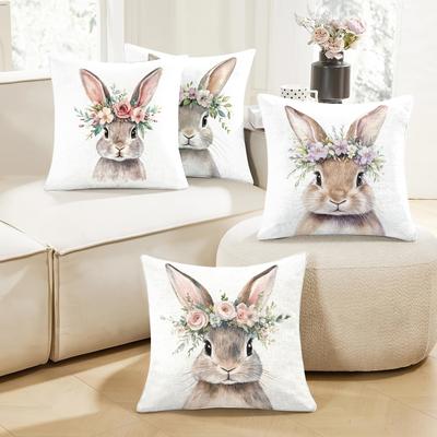 TEMU 4-pack Easter Bunny Pillow Covers, 18x18 Inch, Contemporary Polyester Zippered Cushion Cases, Machine Washable, Rabbit Pattern For Home Decor, Living Room, Bedroom, Sofa - Qiu12070593 Image