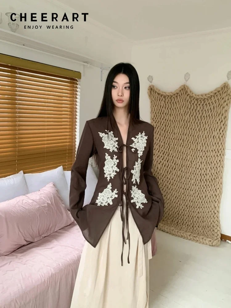 CHEERART Vintage Brown Lace Up Flare Long Sleeve Blouse Fall Clothes 2024 Women Embroidered Shirt Designer Fashion Top