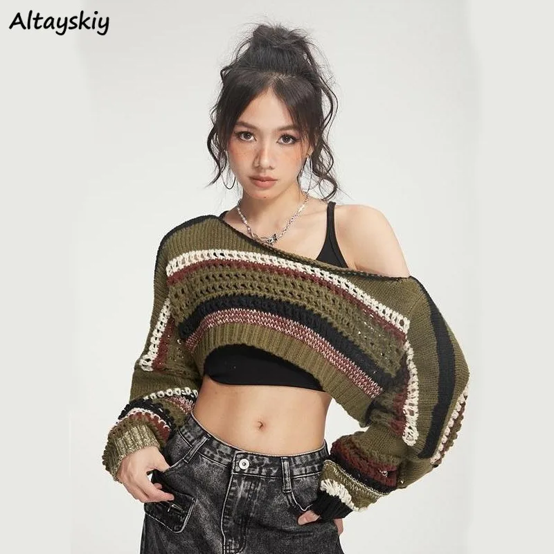 Y2k Aushöhlen Crop Pullover für Frauen Grün Gestreiften Pullover Heiße Mädchen Vintage Punk Straße Tragen Herbst Winter Sexy Beliebt