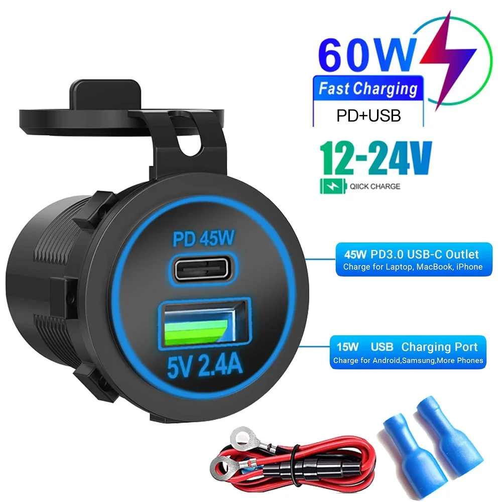 60 W PD Auto Ladegerät Buchse Schnellladung 2,4 A USB Ladegerät Buchse Steckdose Wasserdicht für 12 V/24 V Motorrad Lkw Boot Image