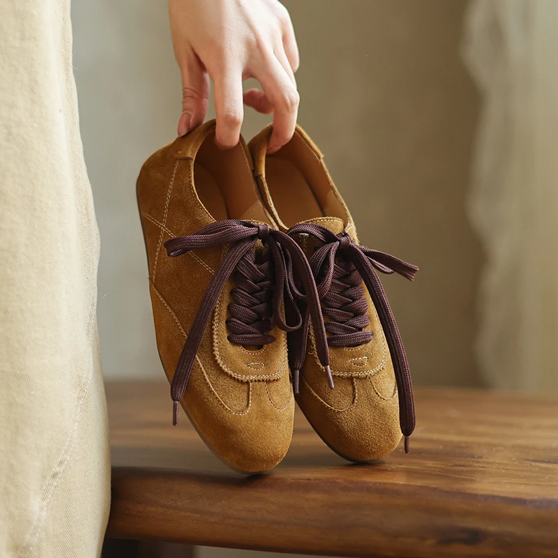 Retro Cow Suede Leather Casual Loafers for Women Flats Shoes Lace-Up Low Heels Spring Shoes 2025 Soft Office Dress Size 35-42